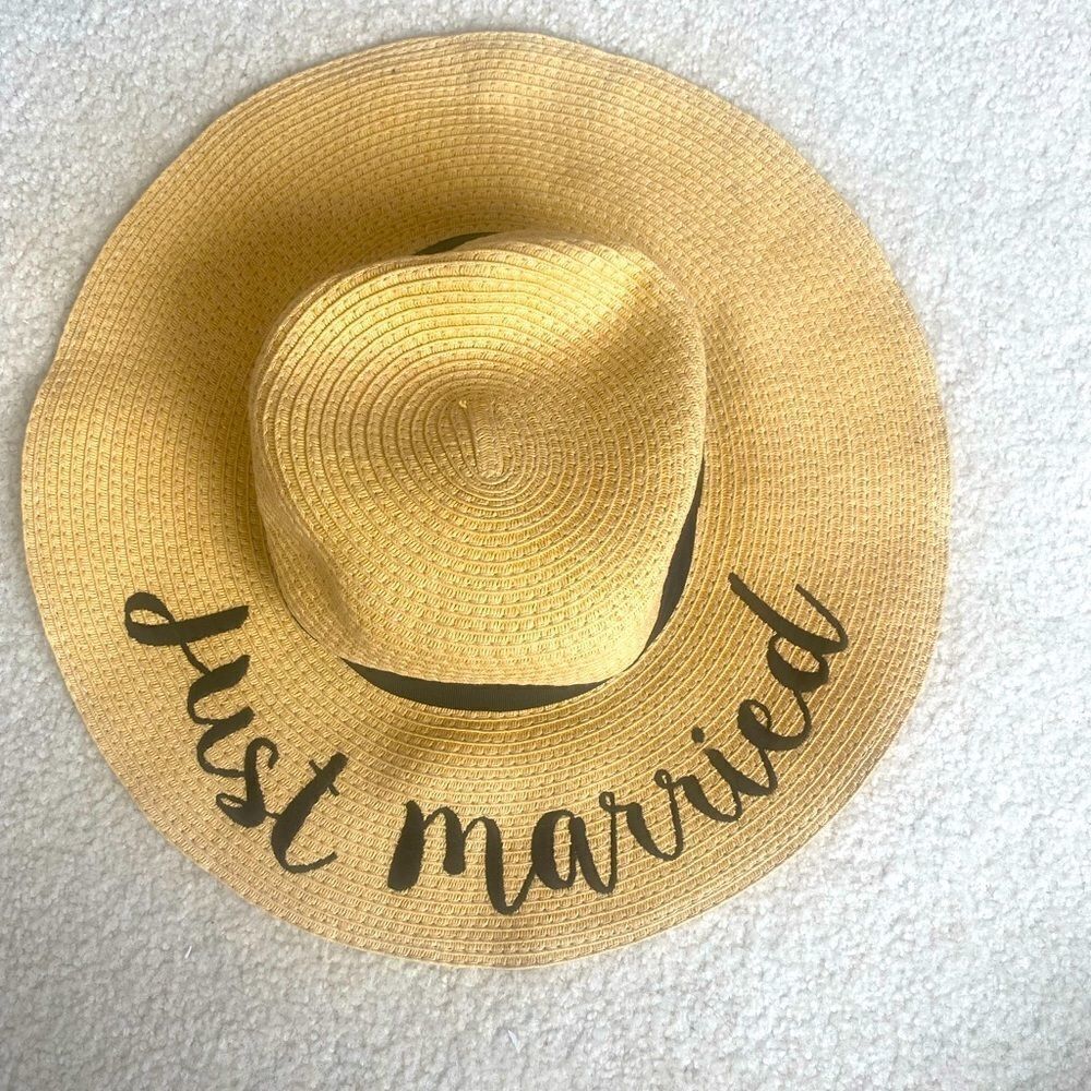 EMBROIDERED "JUST MARRIED" WIDE
BRIM STRAW SUN HAT by C.C.